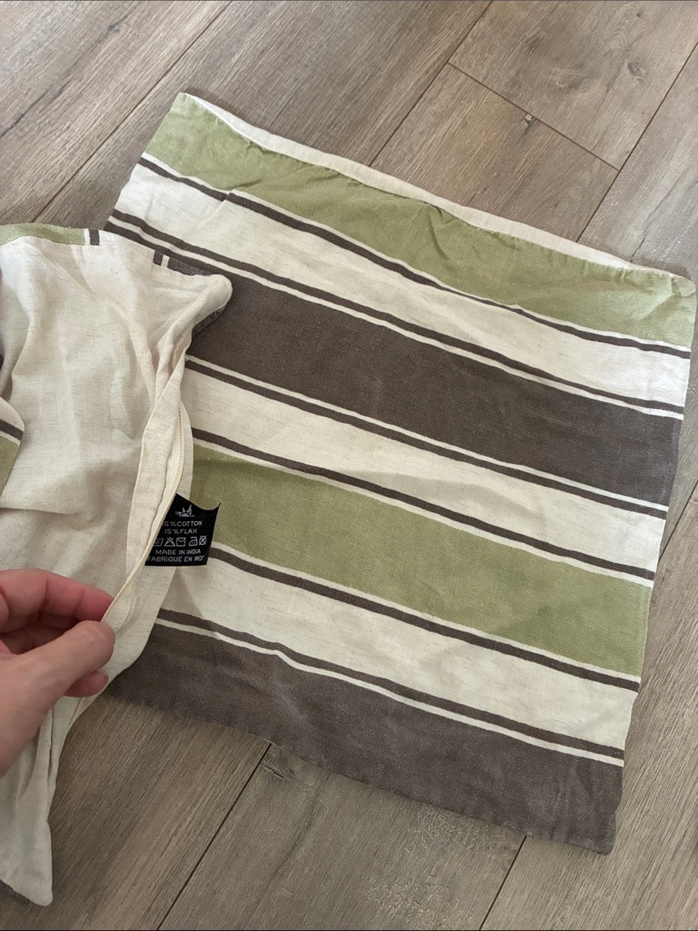 Striped Accent Pillow Cover in Green, Brown, and Cream